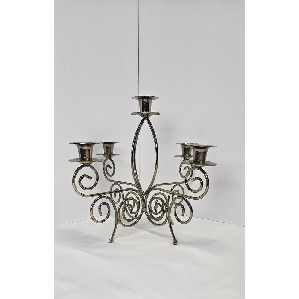 Vintage Gold‎ Tone Brass 5 Arm Candelabra Scroll Candlestick Holder